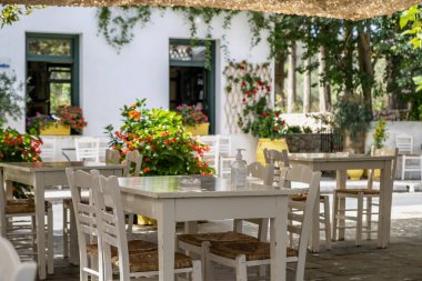 Greek outdoors tavern restaurant with empty white table and chair at Kithira Ionian islands Milopotamos village destination Greece. Pots with flowers everywhere.