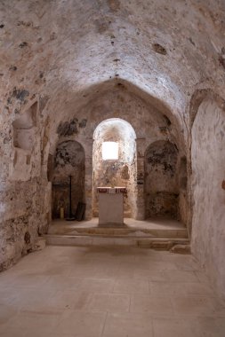 Temple of Pantokrator at Kithira Ionian islands, Greece. Post Byzantine Orthodox church with old frescoes at Kythera Kastro. Greek religious destination. Vertical