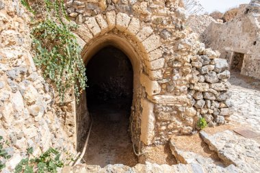 Kithira Chora Kastro Ionian islands, Greece. Stonewall ruined building at Venetian Castle or Fortezza or Eye of Crete, monument at Kythera. Greek sightseeing.