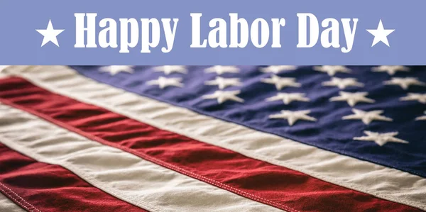 Happy Labor Day text on USA Flag background, close up view. US America holiday celebration