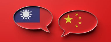 Taiwan and China communication. Dialogue bubbles with national flags, red color background. 3d render