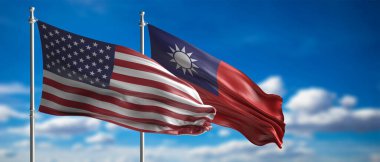 Taiwan and USA relation. Flags waving with the wind, cloudy blue sky background. 3d render