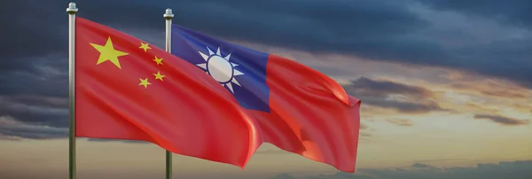Taiwan China Relation Flags Waving Wind Cloudy Dark Sky Background — Foto Stock