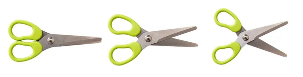 School Scissors Closed Open Wide Open Green Plastic Handle Isolated —  Fotos de Stock