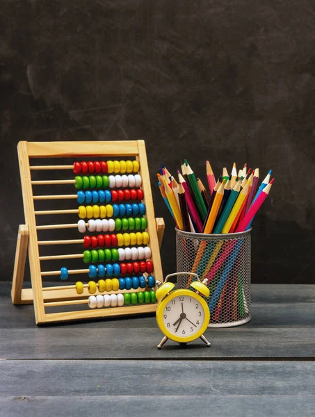 Back School Colorful Pencils Math Abacus Alarm Clock Blue Desk — 스톡 사진