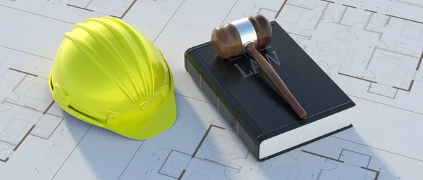 Labor Construction Law Yellow Safety Hardhat Judge Gavel Building Blueprint — Fotografia de Stock