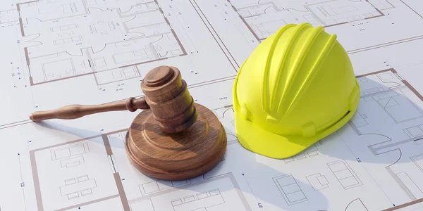 Labor Construction Law Yellow Safety Hardhat Judge Gavel Building Blueprint — 图库照片
