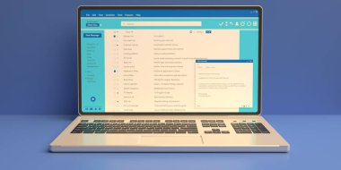 Email message communication. Online correspondence, Client mail list on computer laptop screen. 3d render