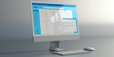 Email message communication. Client mail list on computer desktop monitor, pc keyboard on office desk. Online correspondence, 3d render