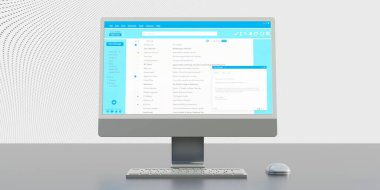 Email message communication. Client mail list on computer desktop monitor, pc keyboard on office desk. Online correspondence, 3d render