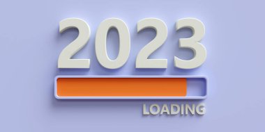 2023 New Year loading bar with orange color sign on light blue background. Rectangle shape informs about speed progress for the coming of new year. 3d render