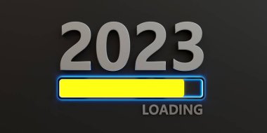2023 New Year loading bar with yellow color sign on black background. Rectangle shape informs about speed progress for the coming of new year. 3d render