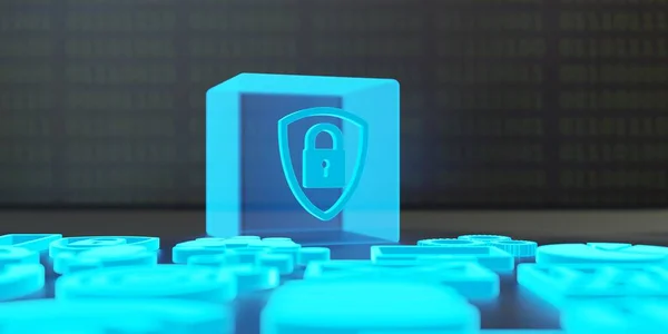 Cyber Security Concept Transparent Blue Cube Padlock Symbol Keyboard Lock — Stockfoto