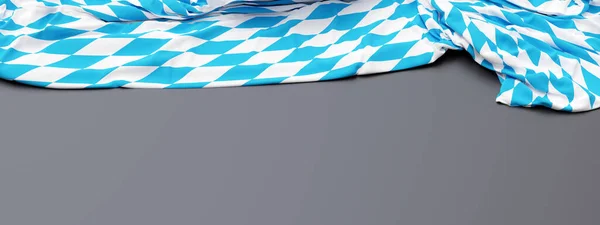 Oktoberfest background. Bavarian rhombic pattern blue and white color flag on grey, banner. 3d render