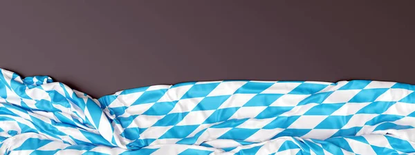 Oktoberfest background. Bavarian rhombic pattern blue and white color flag on grey, banner. 3d render