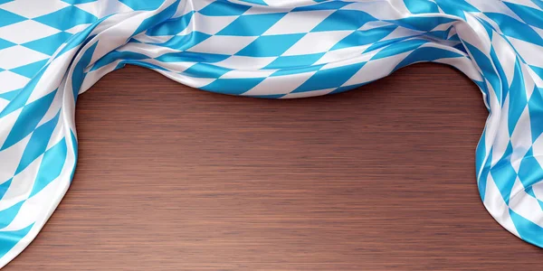 Oktoberfest background. Bavarian rhombic pattern blue and white color flag on wood, banner. 3d render