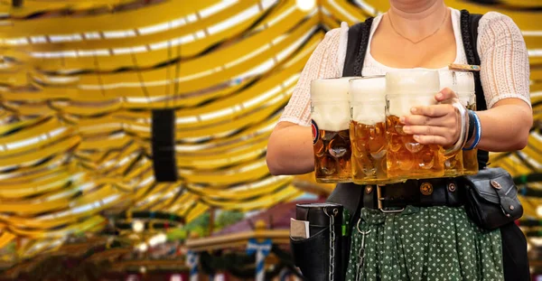 Oktoberfest Munich Waiter Traditional Bavarian Costume Serving Beers Close View — Stock fotografie