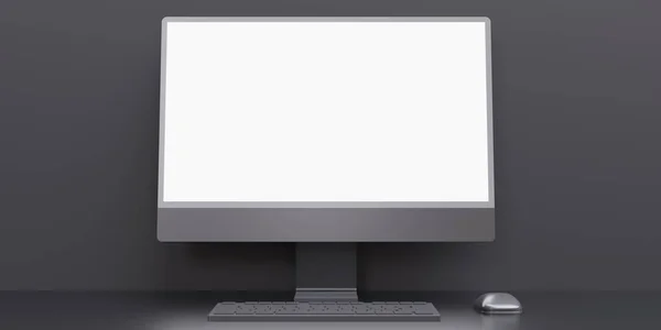 Computer Desktop Blank White Monitor Keyboard Mouse Black Desk Empty — 图库照片