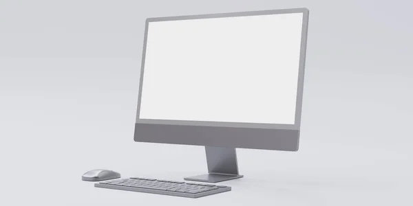 Computer desktop monitor, PC empty blank screen, keyboard and mouse isolated on white. advertise mockup. 3d render