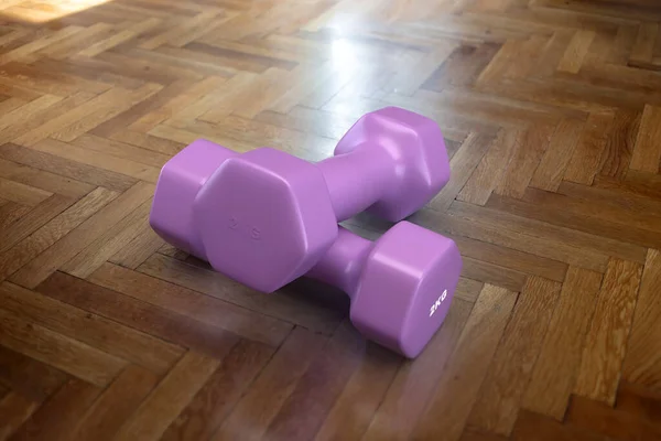 Healthy Lifestyle Concept Purple Dumbbell Heavy Wooden Floor Background Muscle — Fotografia de Stock