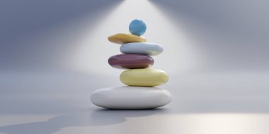 Zen Balance stones, pebbles stack pastel color, copy space. Spa wellness, yoga meditation template. 3d render