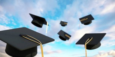 Graduation. Mortarboards flying on blue cloudy sky.  College and high school graduate students throwing caps. 3d render