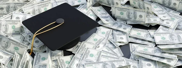 College and university education studies cost in US America. Graduation cap on hundred dollar bills. 3d render