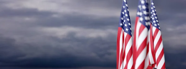 Usa Flags Poles Cloudy Sky Background Banner National America Holiday — 스톡 사진