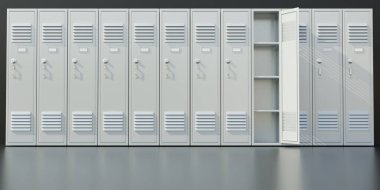 School Gym lockers row. Students storage cabinets, white color closed metal closets one open on gray floor. 3d render