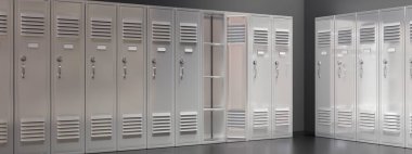 School Gym lockers row. Students storage cabinets, white color closed metal closets one open on gray floor. 3d render
