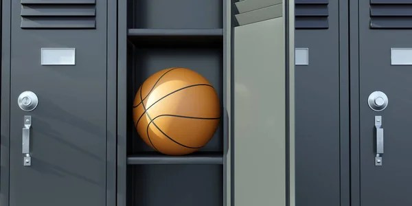 Basket ball in an open Gym locker. Basketball athletes change room. Student grey color metal closet, close up. 3d render