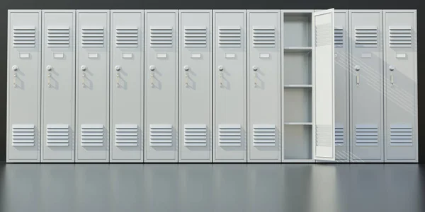 School Gym lockers row. Students storage cabinets, white color closed metal closets one open on gray floor. 3d render
