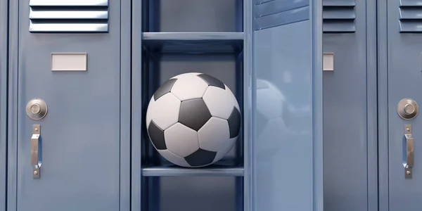 Soccer ball in an open Gym locker. Football athletes change room. Student blue color metal closet, close up. 3d render