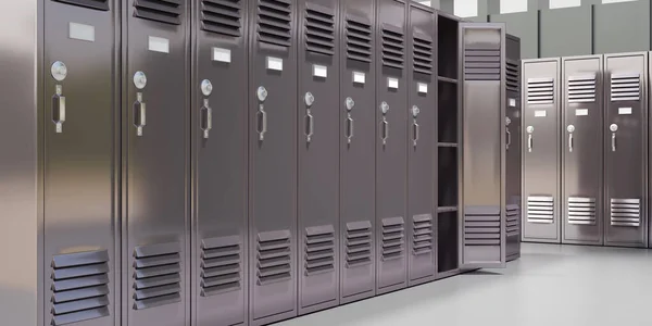 Gym lockers, empty change room interior. School students storage cabinets, gray metal closets. 3d render