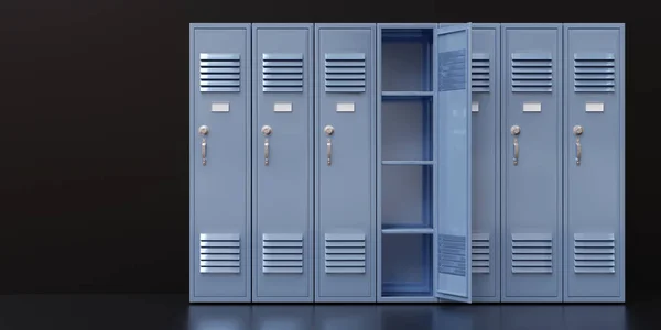 Gym lockers, one open door empty. School students storage cabinets, blue color closed metal closets on black floor and wall. 3d render