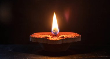 Diwali celebration, Deepavali Hindu Festival of lights celebration. Diya oil lamp lit, copy space. Indian holiday greeting card templat
