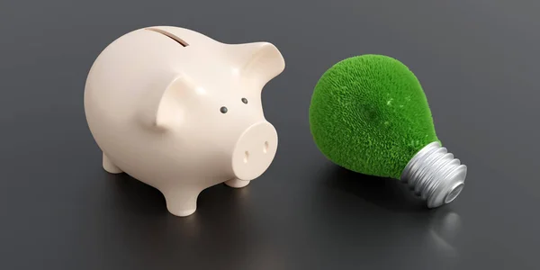 Eco House electricity cost, save energy concept. Green grass Lightbulb and piggy bank. 3d render