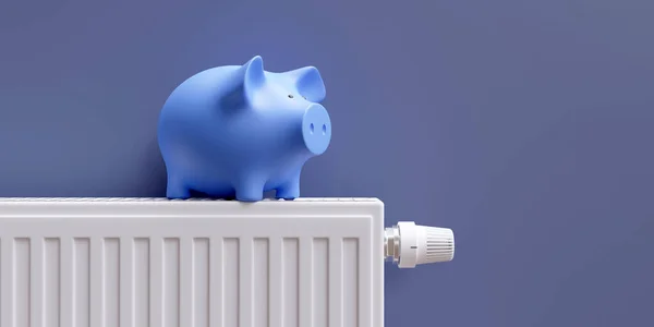 Saving on energy cost in winter. Piggy bank on heating radiator with thermostat, blue wall background, front view. 3d render