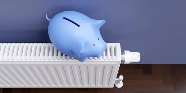Saving on energy cost in winter. Blue Piggy bank on heating radiator with thermostat, home interior, 3d render