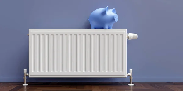 Heating cost saving. Piggy bank on heater radiator, warm house room interior, blue wall and wooden floor. 3d render