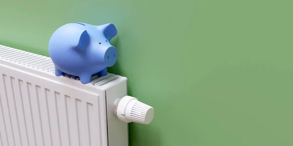 Heating cost saving. Blue piggy bank on heater radiator, warm house room interior, green wall. 3d render