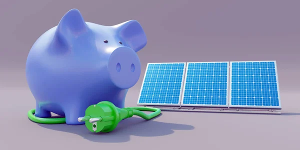 Solar energy saving. Green power plug, piggy bank and photovoltaic panels. Eco House, renewable power concept. 3d render