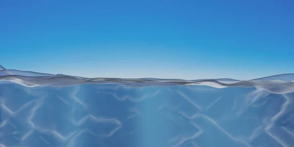 Sea underwater space and sky background. Water surface, ocean under water level, 3D render