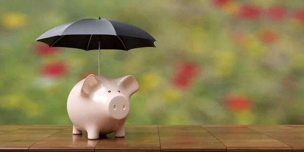 Money savings safe. Piggy bank under a black umbrella. Financial crisis, Bank protection concept. 3D render