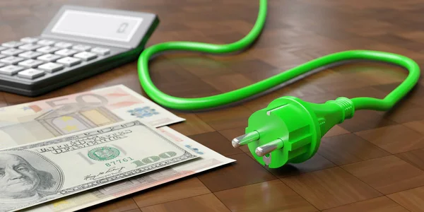 再生可能エネルギーのコスト削減コンセプト 電気代 緑の電気プラグとテーブルの上のお金 3Dレンデ — ストック写真