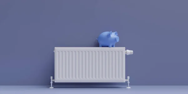 Heating cost saving. Piggy bank on heater radiator, warm house room interior, blue wall and floor, front view. 3d render