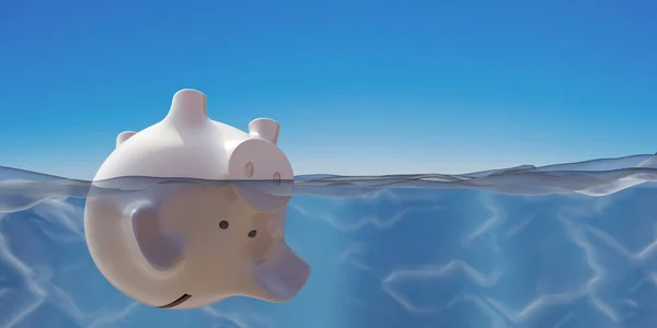 Bankruptcy and business closure concept. Piggy bank drowning in sea water. 3D render