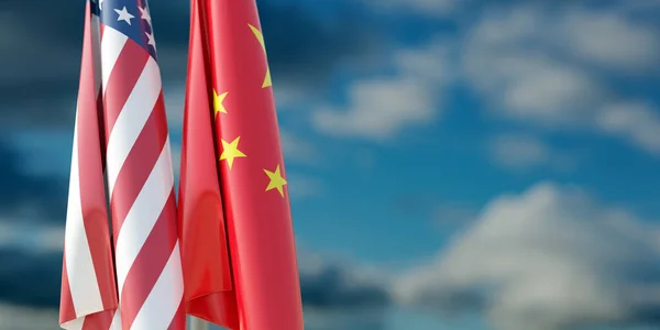 Relations Entre Chine Les Usa Drapeaux Américains Chinois Sur Pôle — Photo