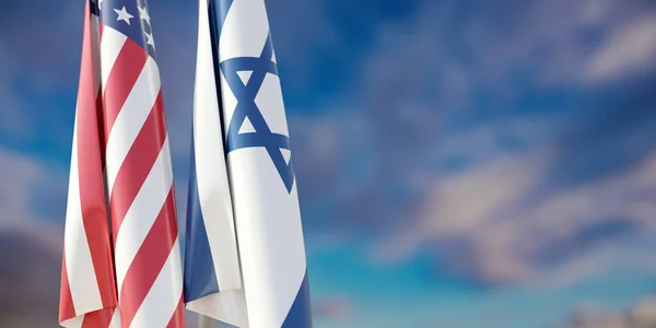 Flaggen Israels Und Der Usa Mast Wolkenverhangener Himmel Beziehungen Zwischen — Stockfoto
