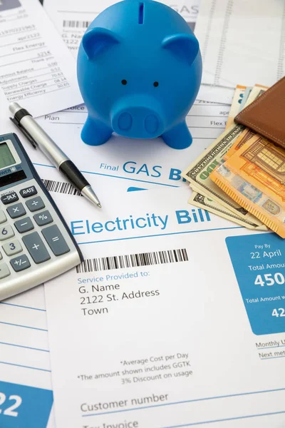 Electricity Gas Bills Piggy Bank Heating Energy Cost Increase Saving Stock Photo